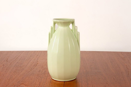 Art Deco vase in fine earthenware in apple green colour, by the Digoin-Sarreguemines factory 1960.