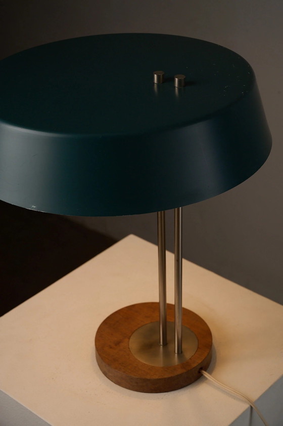Mid-Century Modern Petrol Green Metal and Wood Table Lamp, Germany, Aluminium, Mid Century Modern (photo 5 of 10)