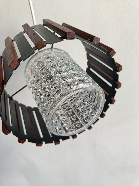 Image 1 of Scandinavian style pendant lamp in teak, black metal and textured glass, 1960s/70s