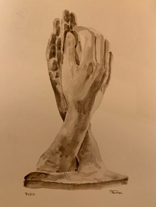 monochrome sepiafarbene Aquarellstudie der Statue „Die Kathedrale“ von Auguste Rodin