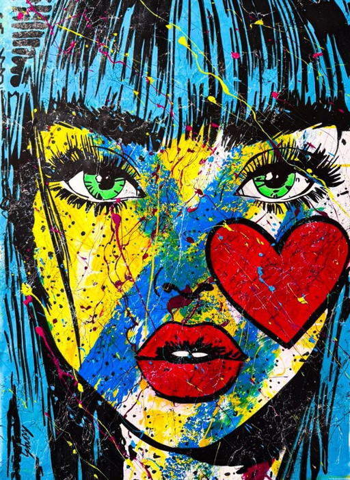 Pintura Pop Art, rostro de mujer con corazón