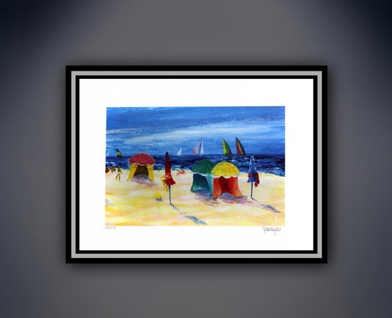 Image 1 of Serge Desnoyers: "Activité a la plage." Color lithograph, hand-signed and signed E.A.