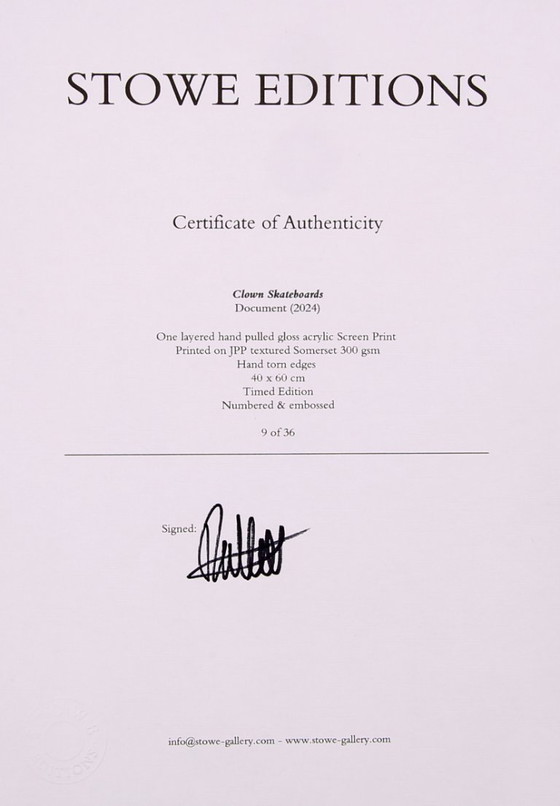 Image 1 of Banksy - Clown Skateboards / Document - Zeefdruk, gecertificeerd en gelimiteerd