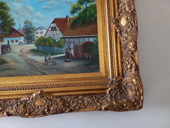 Image 1 of ORIGINAL Ölgemälde auf Holzplatte inkl. Rahmen | Fachwerkhäuser/Dorf | Signiert
