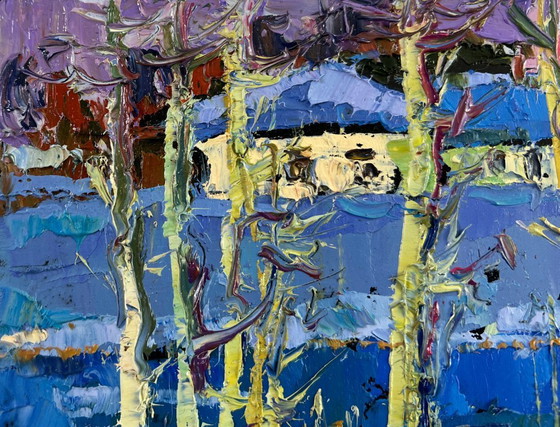 Image 1 of Original Oil Painting Night Village Landscape The first breath of spring