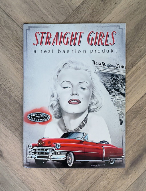 Large enamel sign of Marilyn Monroe and her Corvette. Signed