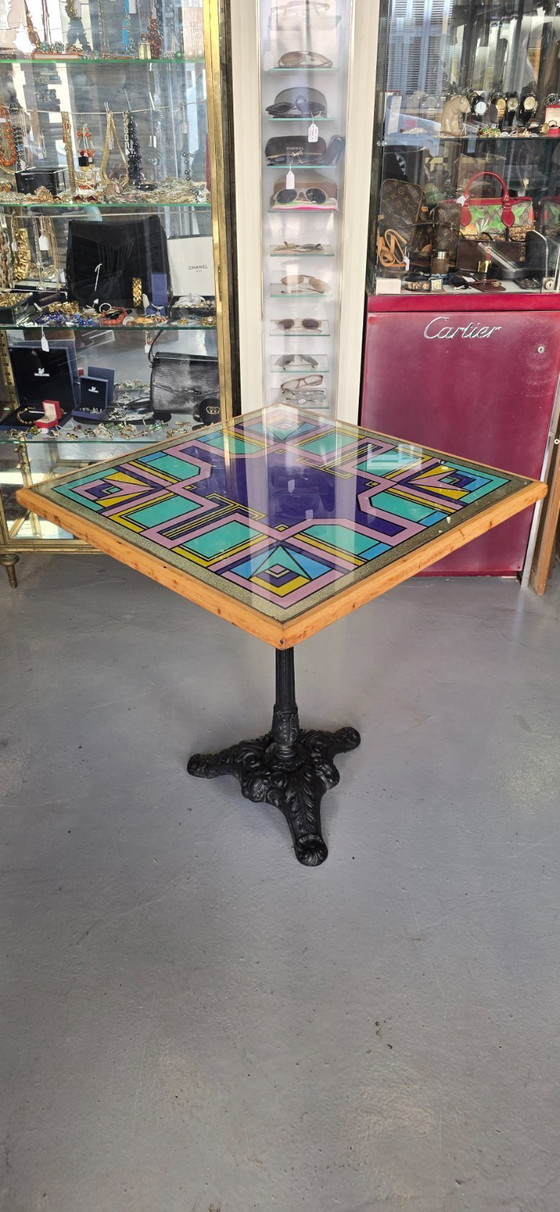 Image 1 of Table de bistrot à plateau peint à la main par Bing, Cannes, années 1990
