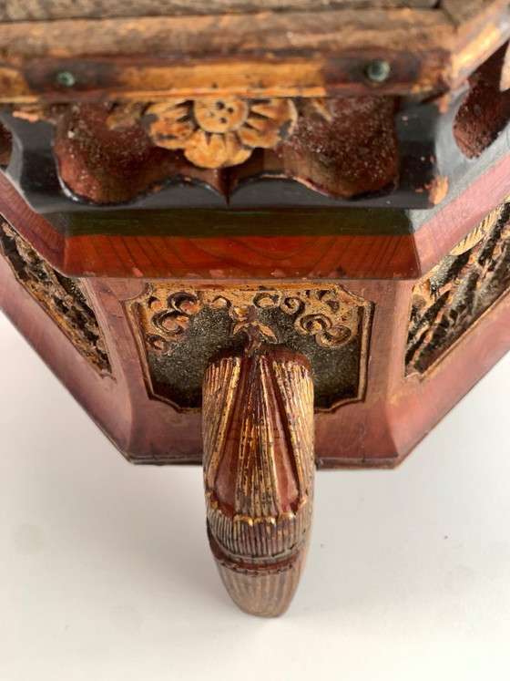 Image 1 of Antique 19th-C. Chinese Carved Wood Tea Caddy – Phoenix & Dragon Motifs 