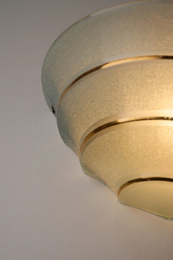 Mid-Century Blue Glass Shell Wall Sconce with Gold Stripes, Wall lights, Brass, Mid Century Modern (photo 2 of 8)