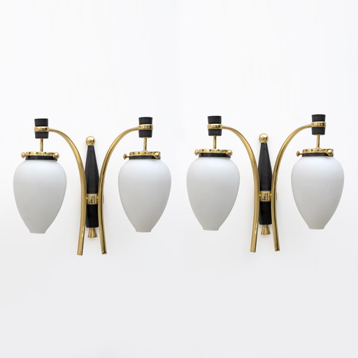 Stilnovo Mid-Century Modern Italian Brass and Opaline Glass Sconces, 1950s, Pair