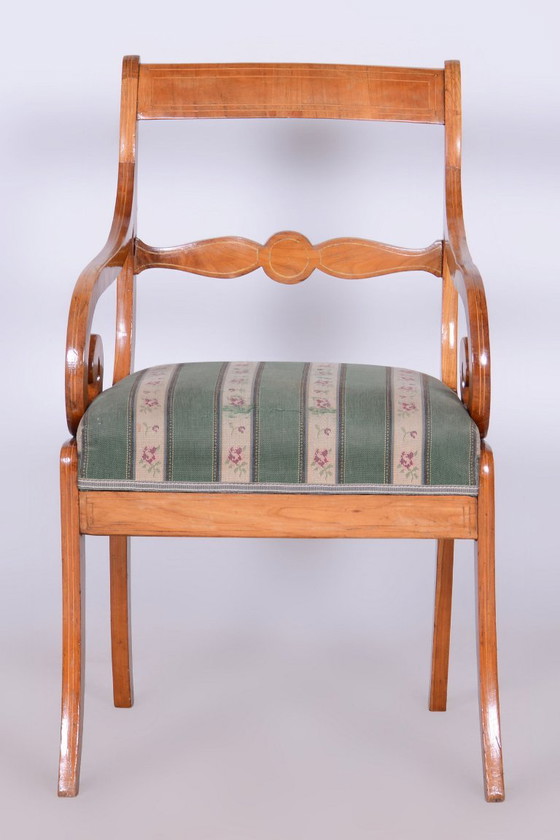 Restored Biedermeier Armchair with Stool, Beech, Oak, Cherry, Austria, 1830s – Textile, Wood (photo 6 of 20)