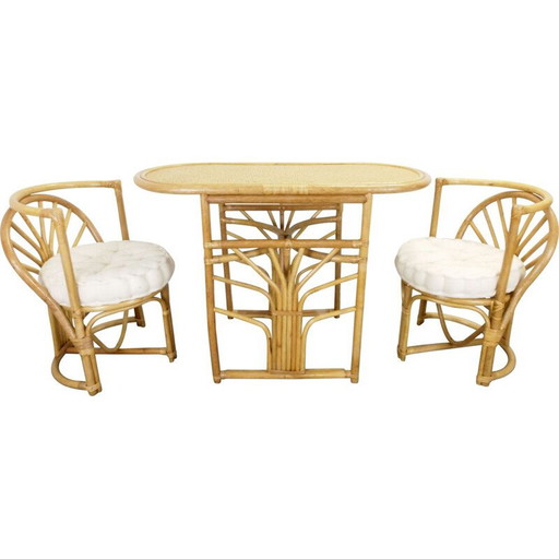 Vintage boho rotan kleine eetkamer set 1970