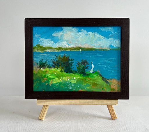 Original Oil Painting Summer River Landscape Fresh summer wind