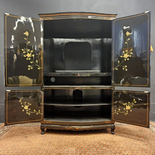 Vintage Chinese cabinet birds, flowers gold leaf bohemian cabinet / oriental cabinet / chinese cabinet