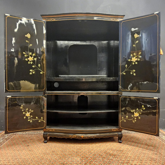 Image 1 of Vintage Chinese cabinet birds, flowers gold leaf bohemian cabinet / oriental cabinet / chinese cabinet