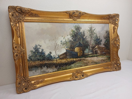 Image 1 of Beautiful Oil Painting by B.H. Slotman - Atmospheric Landscape with Baroque Frame
