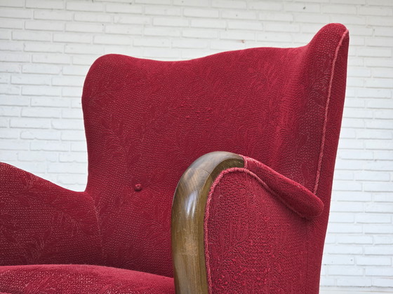 Image 1 of 1960s, fauteuil danois, état original, tissu en laine, pieds en bois de hêtre.