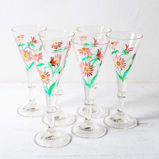 Image 1 of Juego de 6 copas de jerez de diseño floral, raras, de mediados de siglo / Italia / década de 1960