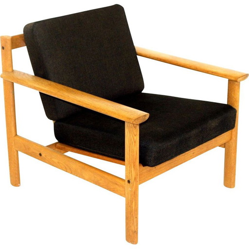 Poltrona vintage scandinava in legno di quercia e tessuto di cotone nero, Svezia 1960