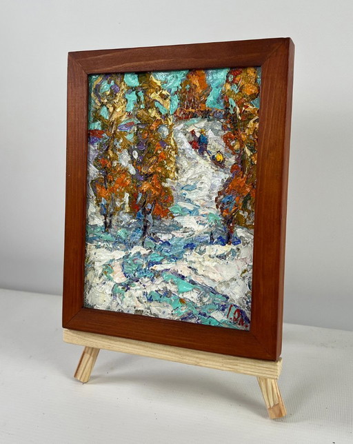 Original Oil Painting Winter Forest Landscape The first snow fell