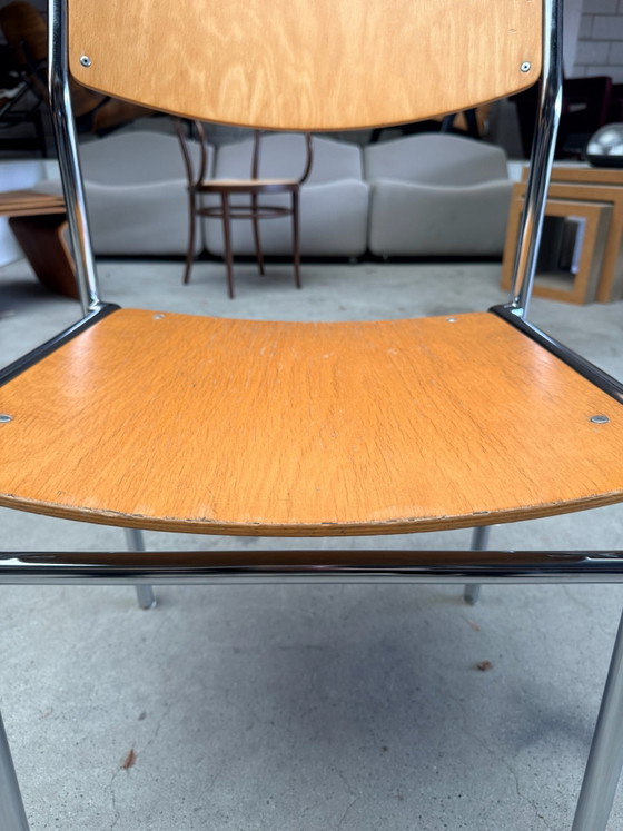 Chaise empilable vintage Gijs van der Sluis (stock: 13), Chaises de salle à manger, Bois, Chrome, Marron (photo 14 sur 15)