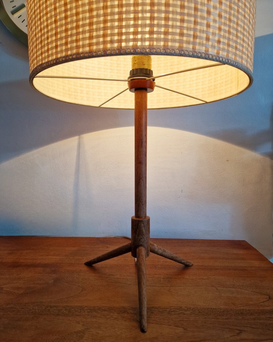 Vintage Danish Tripod Teak Table Lamp – Textile, Wood (photo 3 of 5)