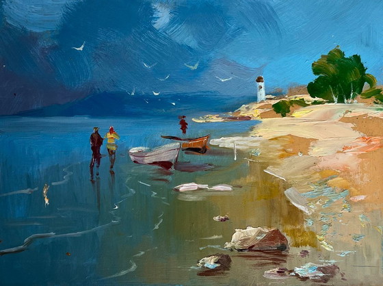 Image 1 of Peinture à l'huile originale, paysage de plage d'été, chaudes journées en mer