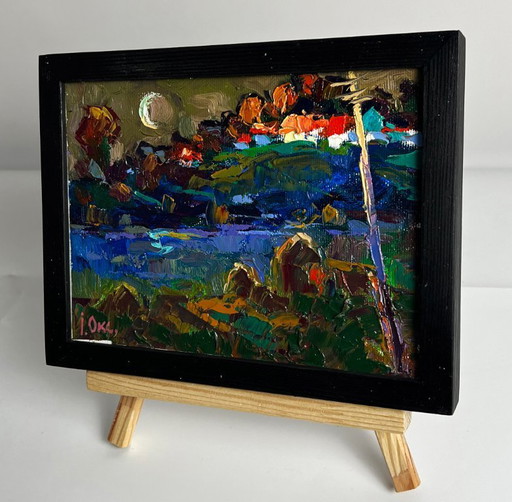Origineel olieverfschilderij: Landelijk landschap, rivier, avondvorst in het veld.