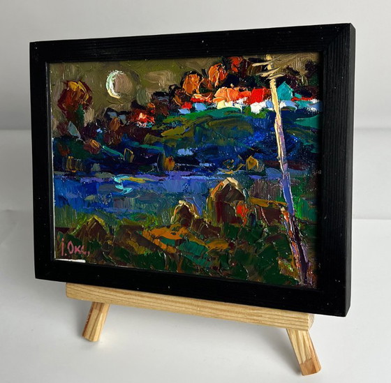 Image 1 of Peinture à l'huile originale, paysage rural, rivière, givre du soir dans les champs