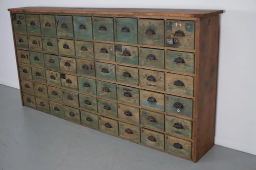 Industrial large French painted pine hardware cabinet, 1950s