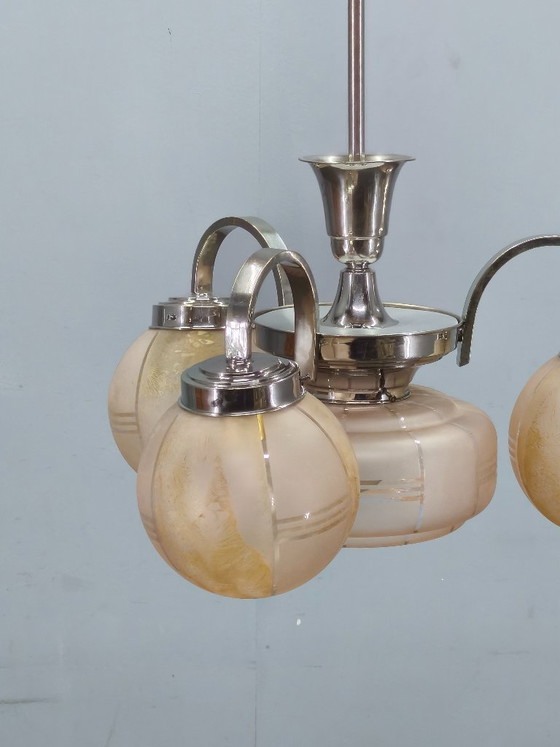 Image 1 of Art-Deco-Kronleuchter aus rosafarbenem Glas, Tschechoslowakei, 1940er Jahre
