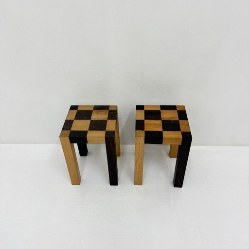 Set of 2 vintage wooden side tables, brown and light wood