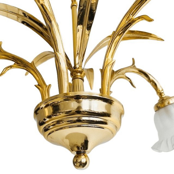 Image 1 of Lampadario vintage in ottone a sei bracci, metà secolo, con foglie di palma, Hollywood Regency, anni '70