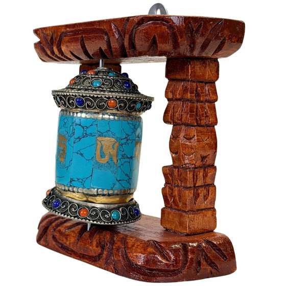 Roue de prière tibétaine Mani vintage dans cadre en bois – Circa 1980s – Objets déco, Wood, Metal (photo 8 of 9)