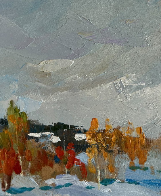 Image 1 of Original Oil Painting Winter Forest Landscape Walking in the winter forest