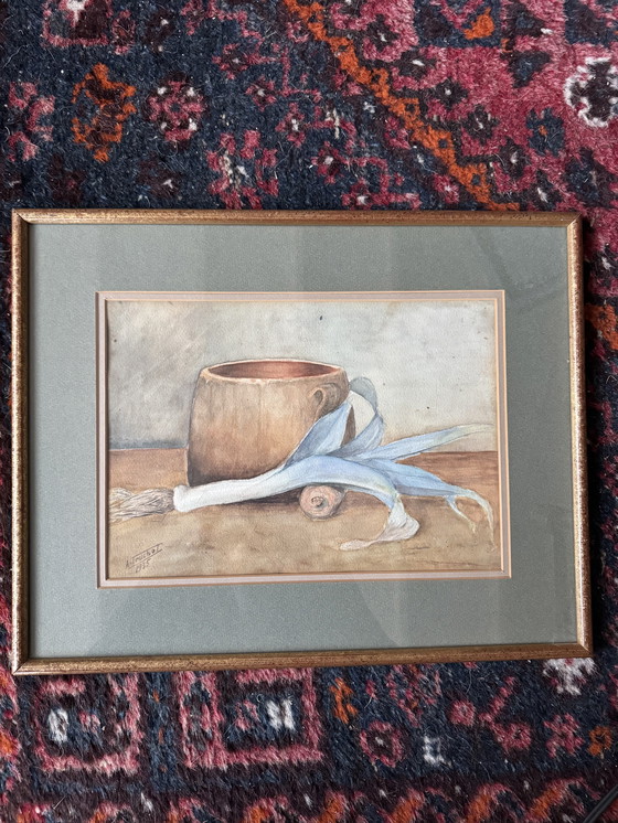 Image 1 of Antieke aquarel stilleven van een prei