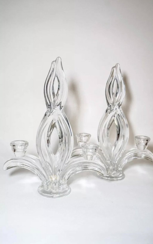 Pair of Vannes crystal candlesticks, fleur-de-lis motif, mid-century