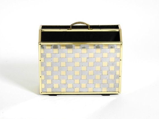 Image 1 of Extraordinary 1980s newspaper rack made of brass and wood in Hollywood Regency design