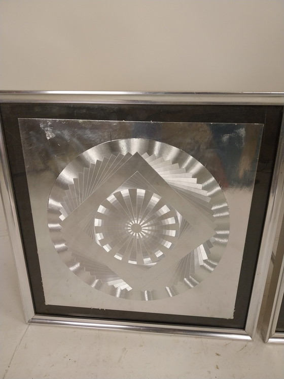 Image 1 of 1x set of 2 silver-colored op art artworks by Barbara Lüdinghausen 1970s/80s