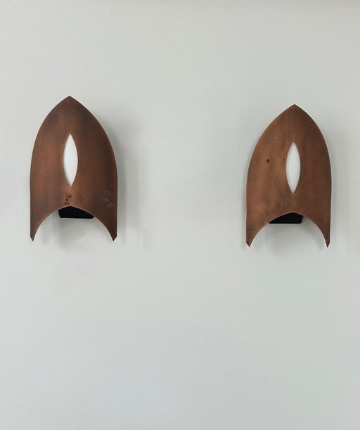 Pair of vintage wall sconces in matte copper, France, 1970
