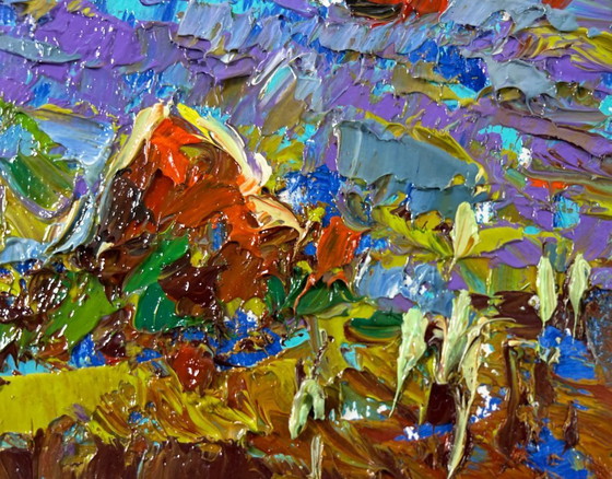 Image 1 of Original Oil Painting Summer Field Landscape Edge of the Village