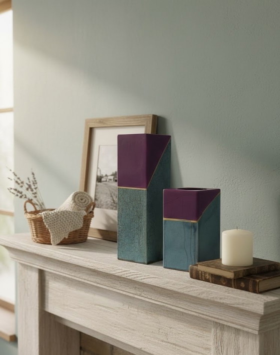 Image 1 of Stunning Teal & Plum Geometric Vase Set