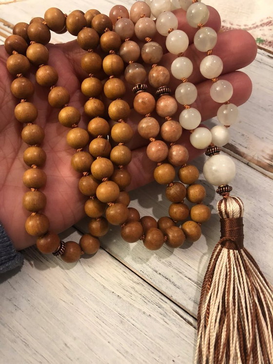 Image 1 of Divine Sandalwood Moonstone Mala, 108 Mala Beads, Buddhist Prayer, Meditation, Femine Energy, Goddess, Awareness Tranquility Div