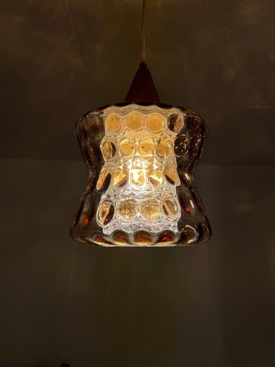 Image 1 of Orrefors by Carl Fagerlund, 1960s, Cozy Mid-Century Scandinavian Pendant in Amber Glass & Teak 