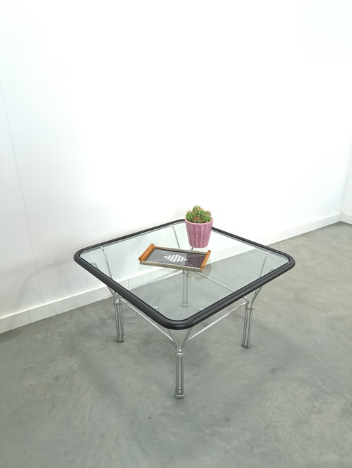 Glass 70s coffee table with chrome base