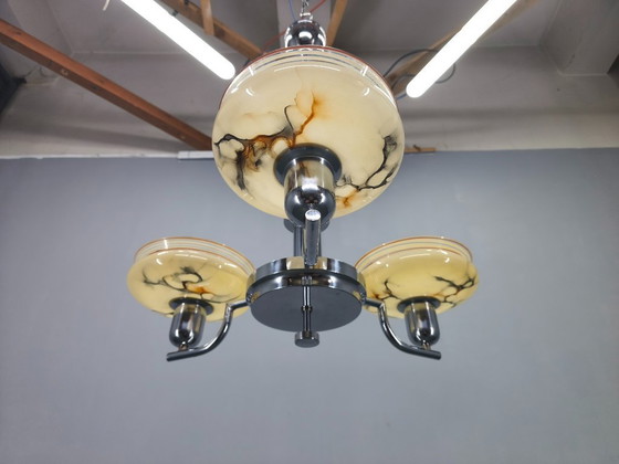 Image 1 of Art Deco Chandelier by Napako, Chrome & Marble Glass, 1930s