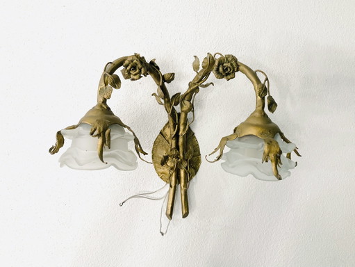 Pair Liberty Style Italian Brass Sconces, Frosted Rose Glass Shades, Florentine Art Nouveau Light Fixture