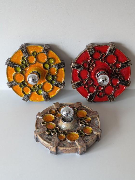Image 1 of Rare Trio of 1970s Fat Lava Ceramic Wall Sconces - Hustadt Leuchten Style - Space Age Pop Art Sconces - Red, Orange & Earth