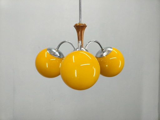 Bauhaus Chandelier with Colored Glass Globes, Czechoslovakia, 1930s