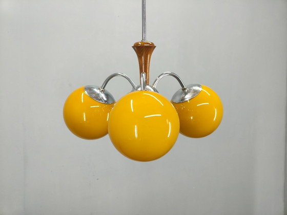 Image 1 of Bauhaus Chandelier with Colored Glass Globes, Czechoslovakia, 1930s